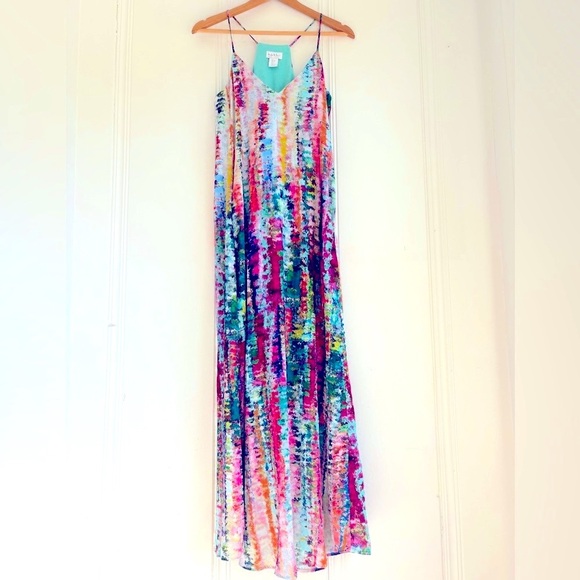 Nicole Miller Rainbow Watercolor Satin Maxi Dress - Picture 1 of 4